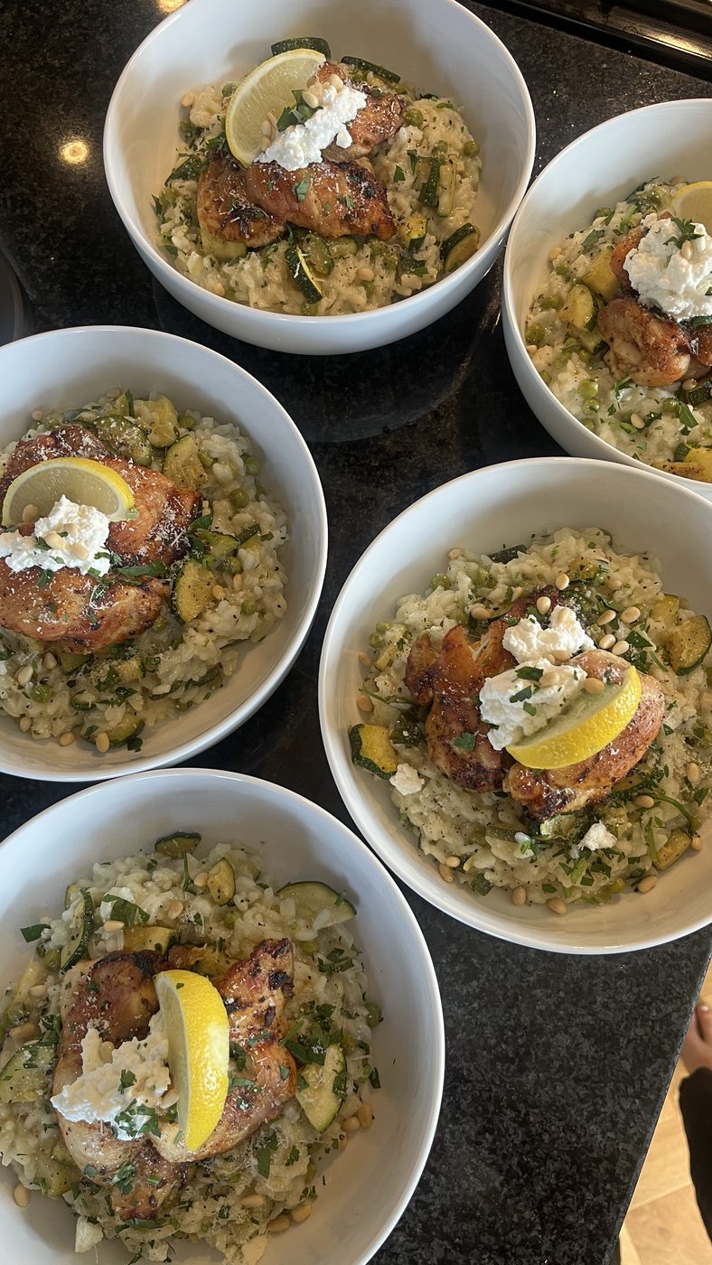 Bowls of chicken and courgette risotto Olivia cooked